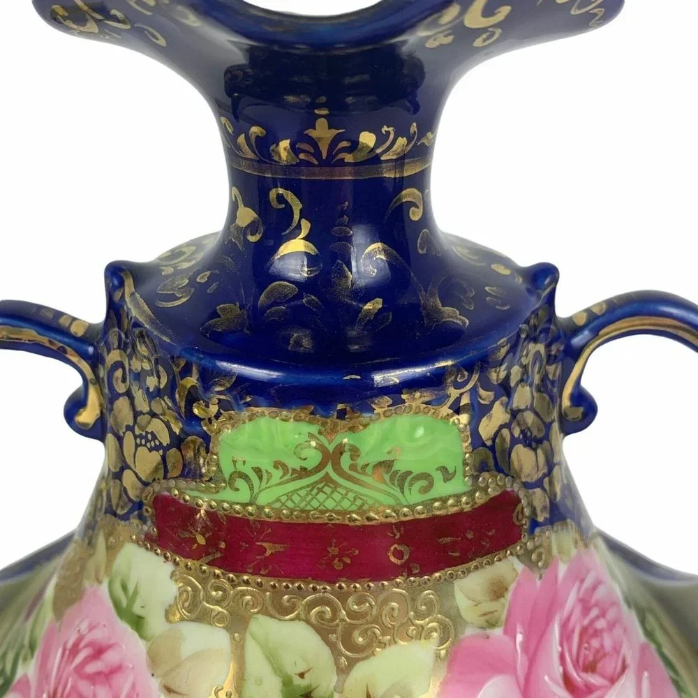 Vintage Handpainted Squat Vase Handles Cobalt Blue Floral Roses Gilded Victorian